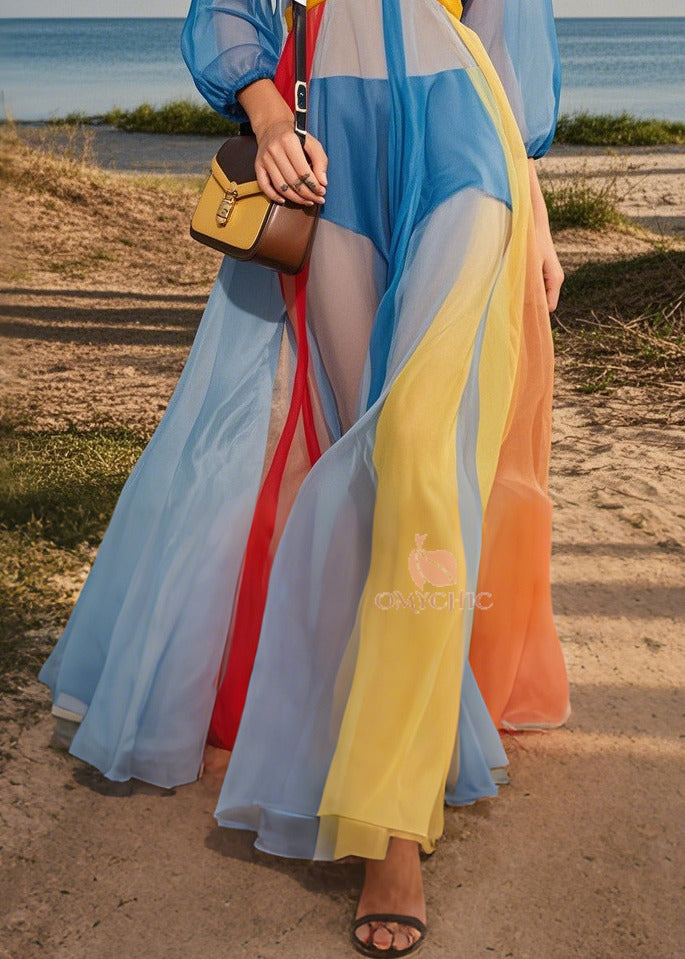 Fashion Blue V Neck Patchwork Tulle Maxi Dresses Summer 4