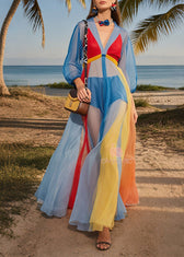 Fashion Blue V Neck Patchwork Tulle Maxi Dresses Summer 5