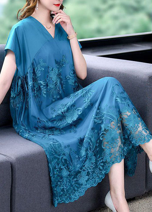 Short Sleeve V-Neck Floral Embroidery Mesh Overlay Tie Waist Midi Dress