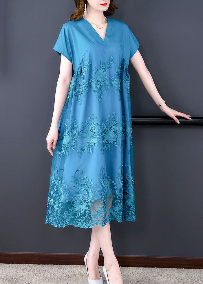 Short Sleeve V-Neck Floral Embroidery Mesh Overlay Tie Waist Midi Dress