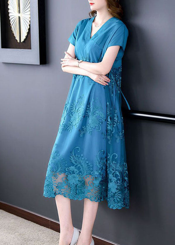 Short Sleeve V-Neck Floral Embroidery Mesh Overlay Tie Waist Midi Dress
