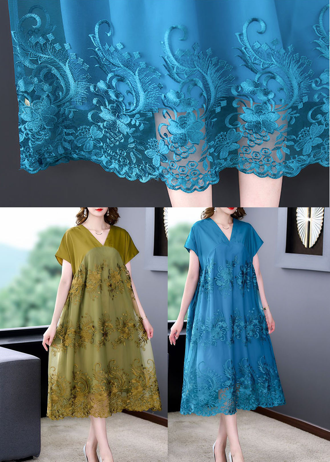 Short Sleeve V-Neck Floral Embroidery Mesh Overlay Tie Waist Midi Dress