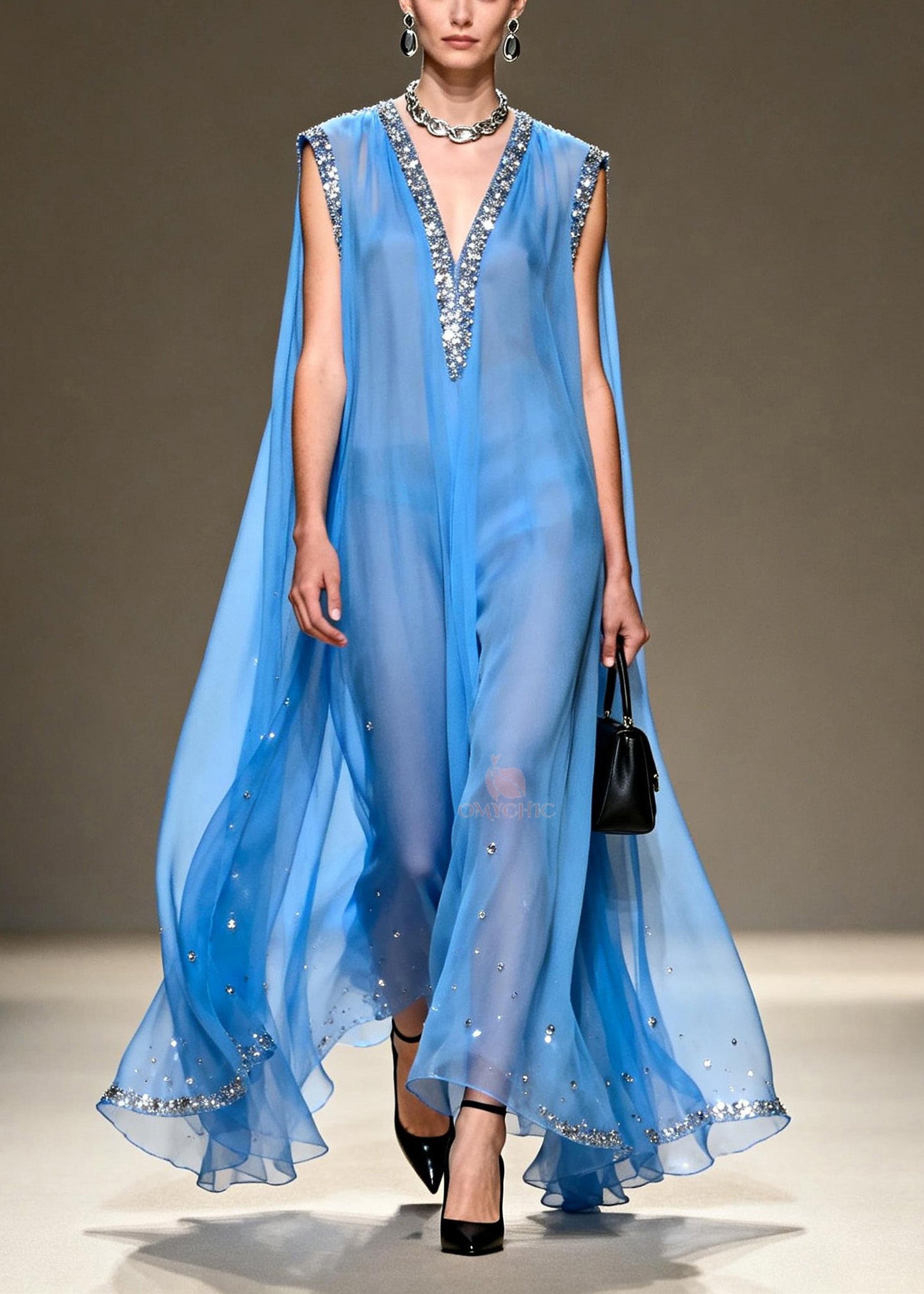 Sequin Trim Deep V-Neck Sleeveless Cape Back Sheer Maxi Gown