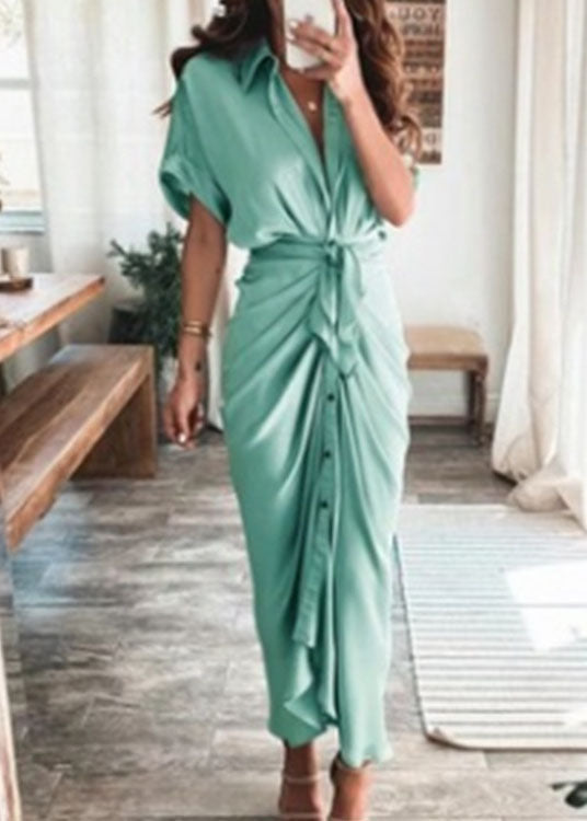 Satin Collar V-Neck Tie Waist Button Front Draped Midi Dress