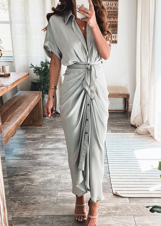 Satin Collar V-Neck Tie Waist Button Front Draped Midi Dress