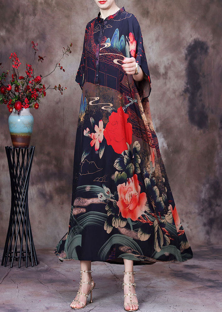 Stand Collar Batwing Sleeve Button Front Chiffon Maxi Dress