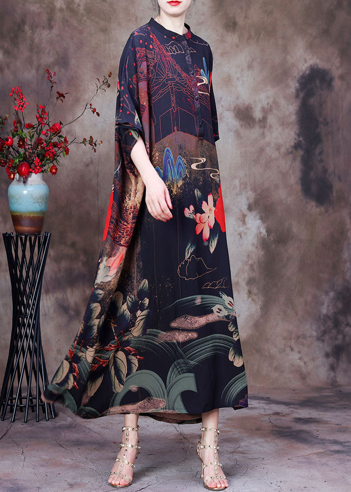 Stand Collar Batwing Sleeve Button Front Chiffon Maxi Dress