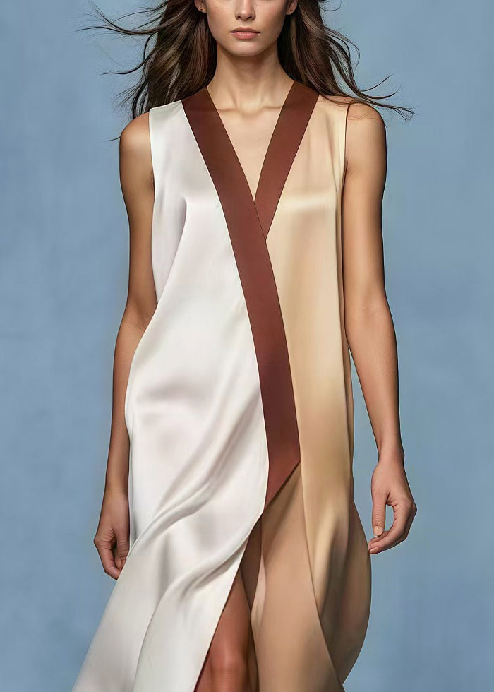 Satin Sleeveless Deep V-Neck Overlap Panel Wrap High Split Maxi Dress