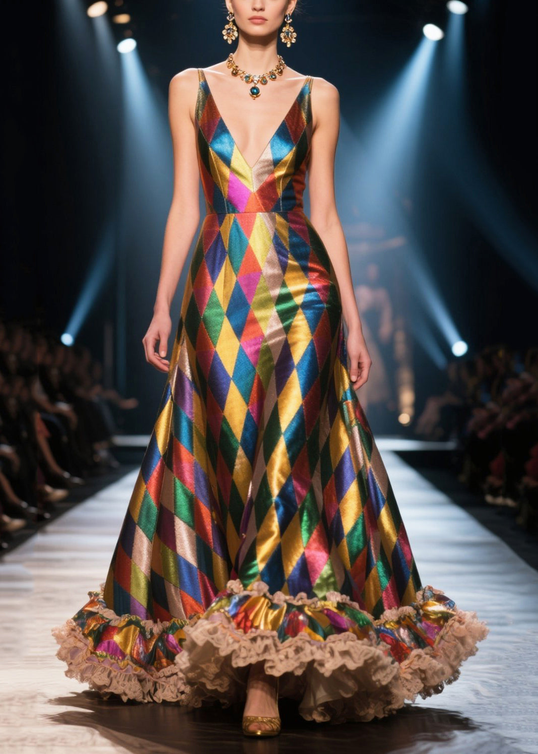 Metallic Harlequin Print Deep V-Neck Spaghetti Strap Ruffle Hem Lace Trim Maxi Gown