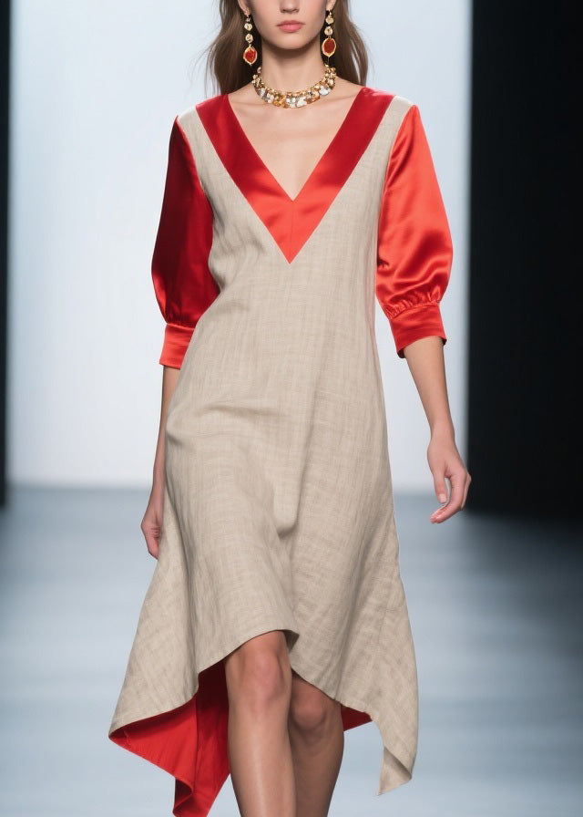 Deep V-Neck Puff Sleeve Woven Relaxed High Low Handkerchief Hem Midi Dress