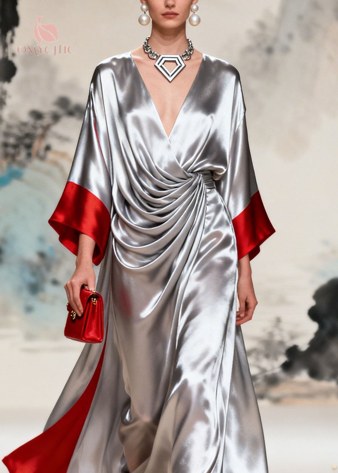 Satin Deep V-Neck Kimono Sleeve Twist Knot High Low Maxi Gown