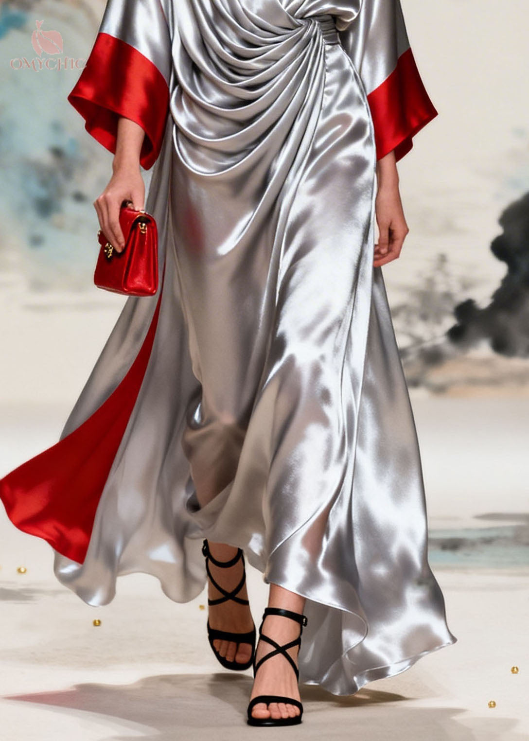 Satin Deep V-Neck Kimono Sleeve Twist Knot High Low Maxi Gown