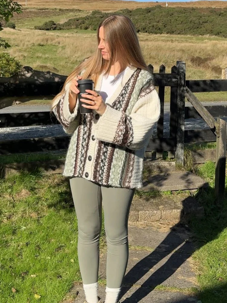 Oversized V-Neck Fair Isle Striped Button Front Knit Cardigan