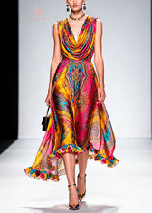 Fashion Draped Neckline Ruffled Print Chiffon Dresses Summer