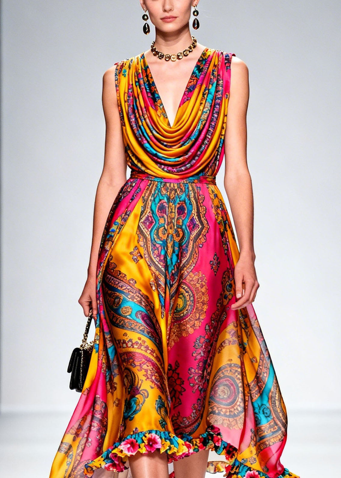 Fashion Draped Neckline Ruffled Print Chiffon Dresses Summer 2