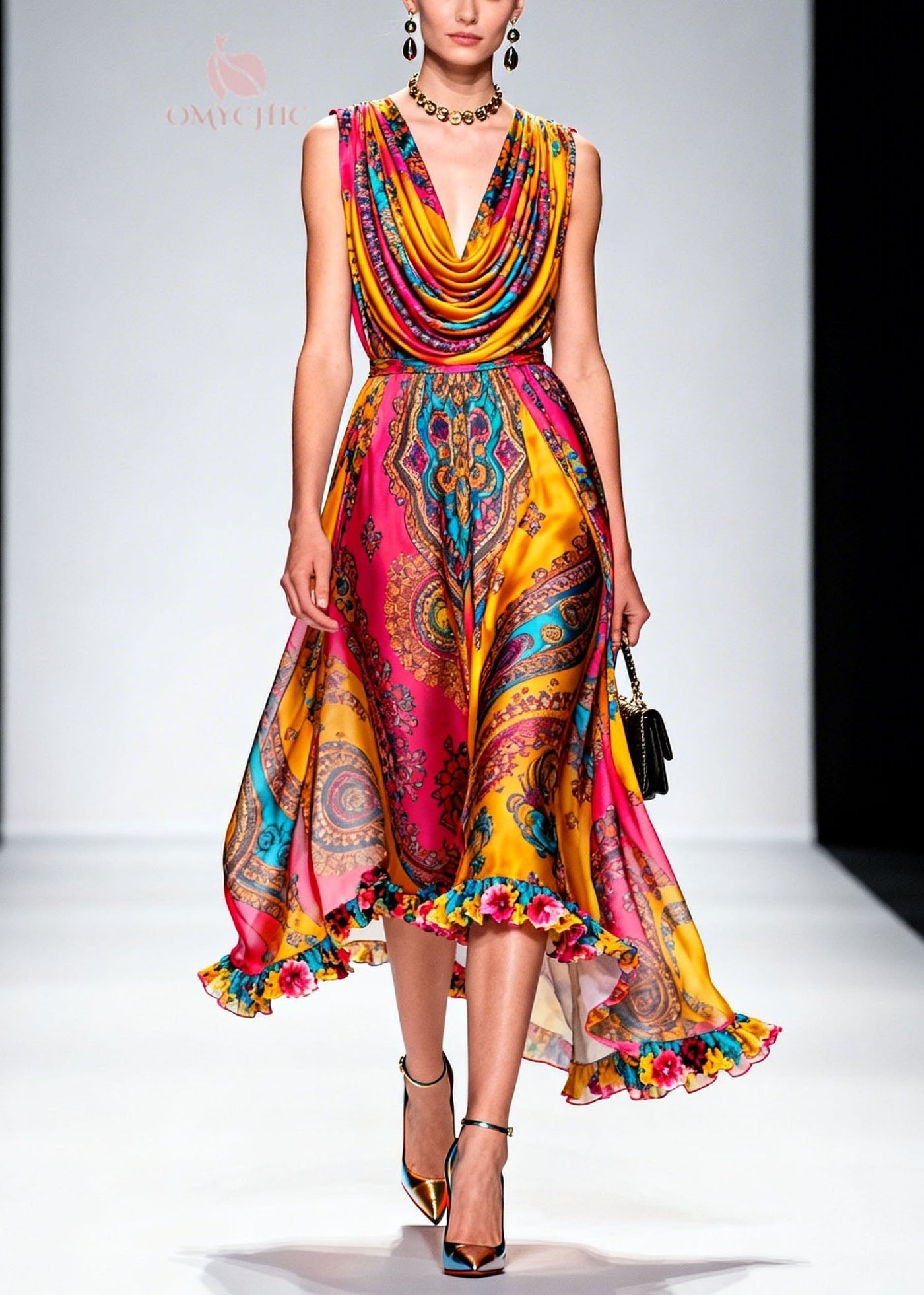 Fashion Draped Neckline Ruffled Print Chiffon Dresses Summer 3