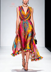 Fashion Draped Neckline Ruffled Print Chiffon Dresses Summer 3