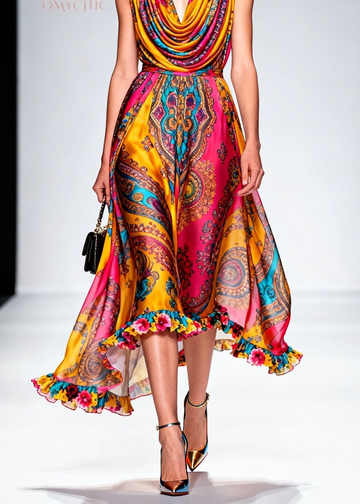 Fashion Draped Neckline Ruffled Print Chiffon Dresses Summer 4