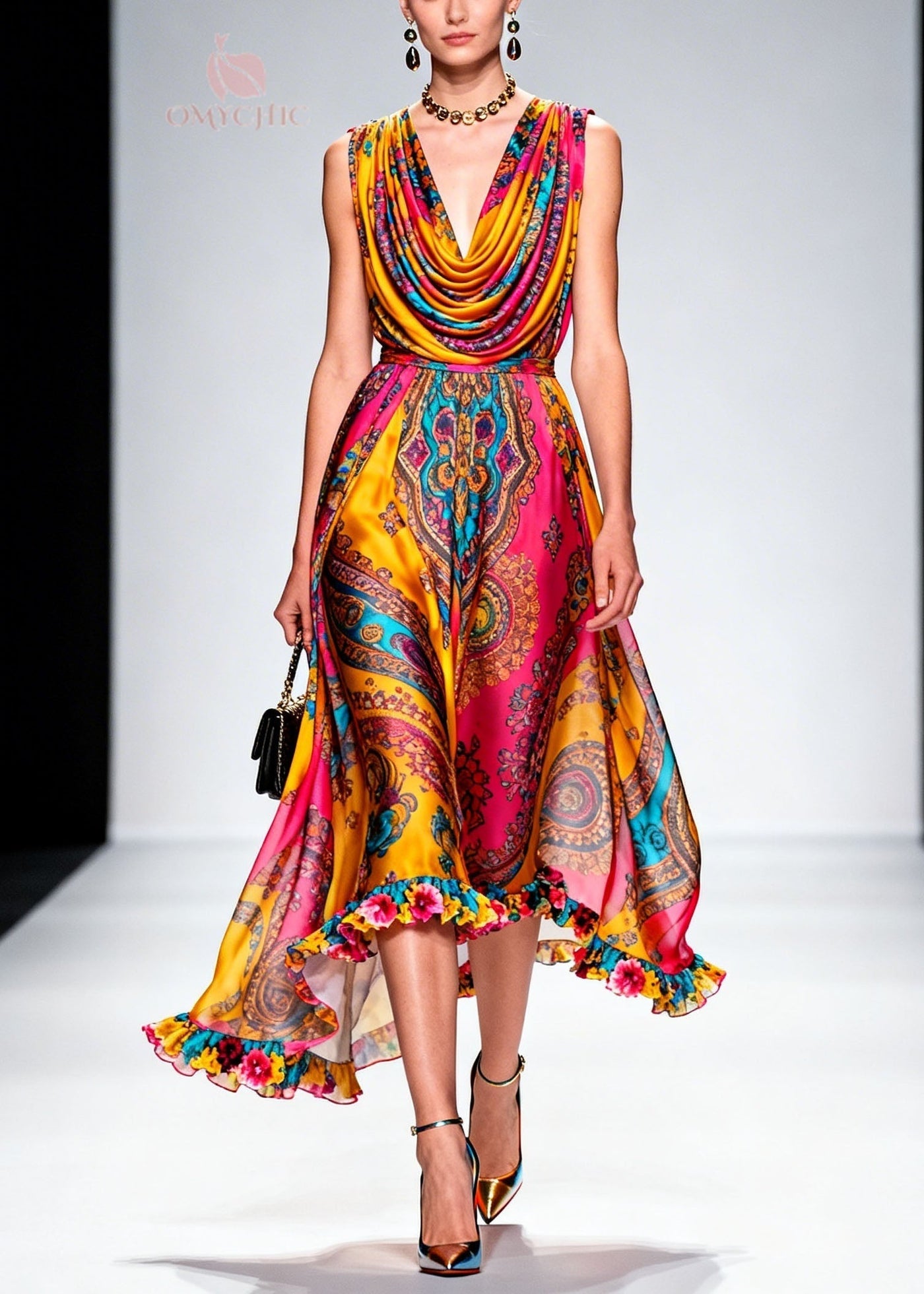 Fashion Draped Neckline Ruffled Print Chiffon Dresses Summer 5