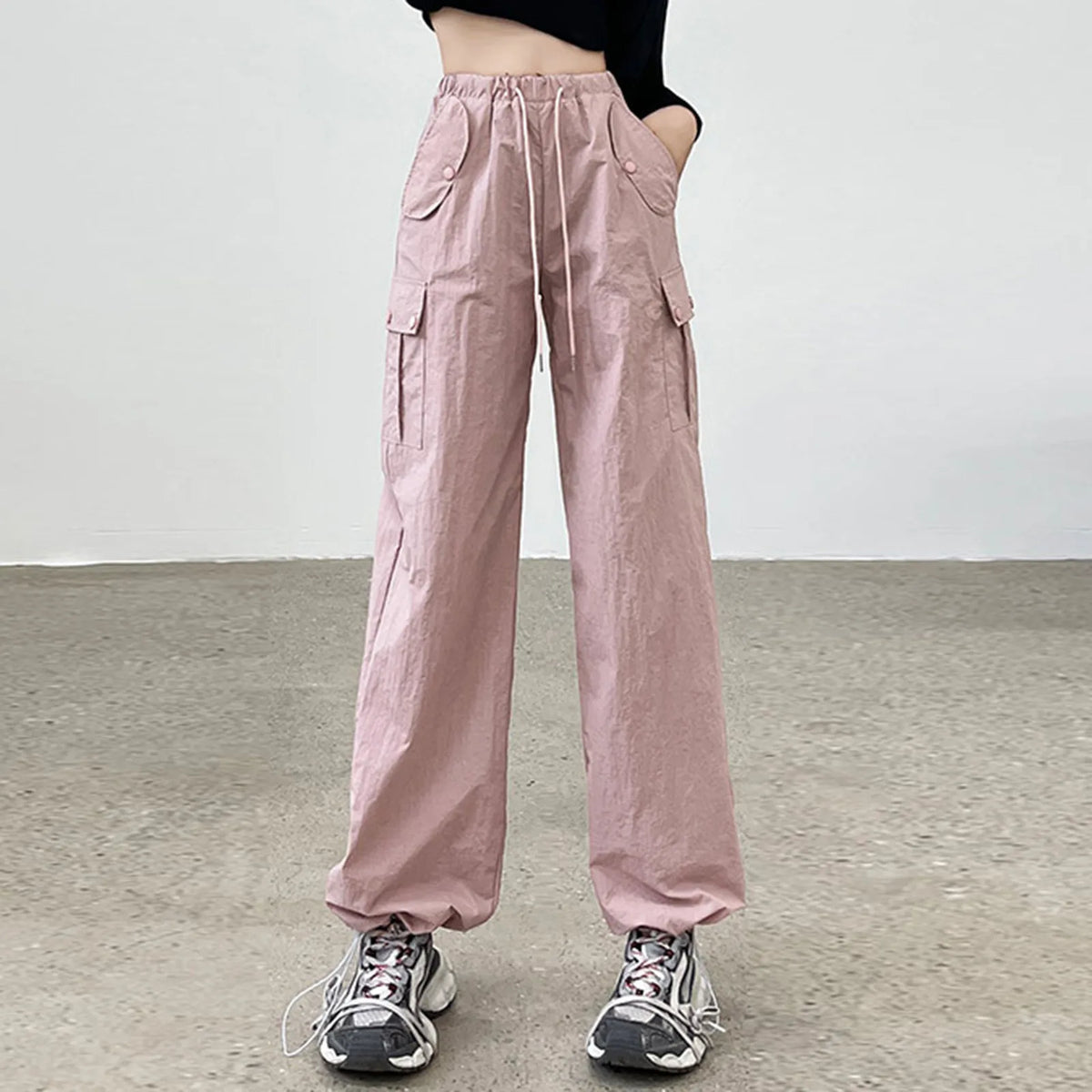 Elastic Drawstring Waist Crinkle Flap Pocket Wide Leg Cargo Pants 2