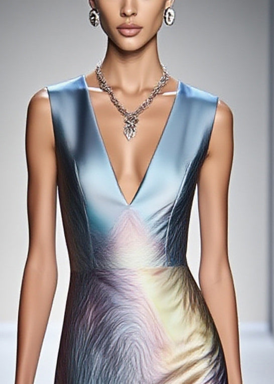 Satin Deep V-Neck Sleeveless Marble Print A-Line Midi Dress
