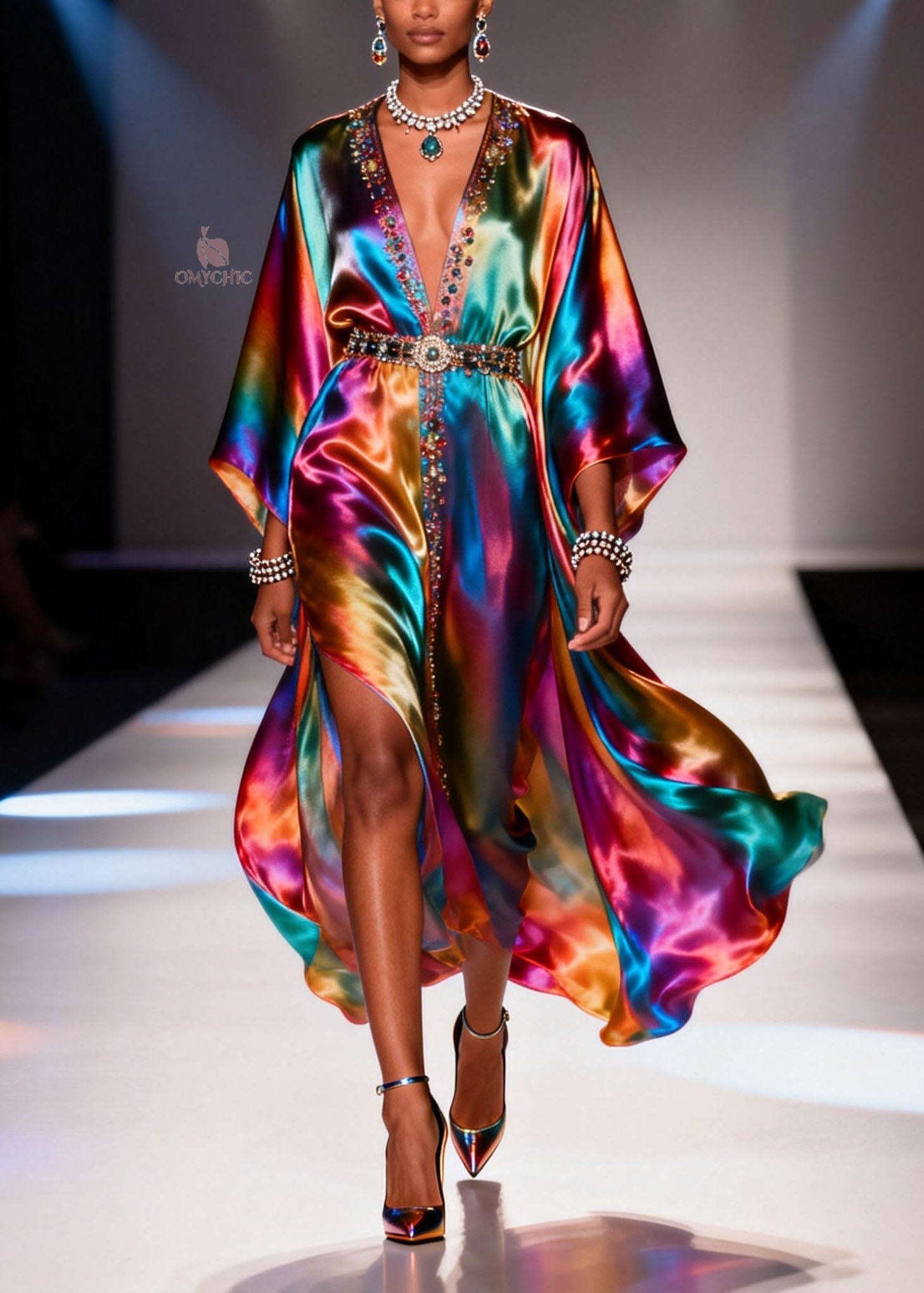 Chiffon Deep V-Neck Kimono Sleeve Beaded Belt High Split Maxi Party Gown