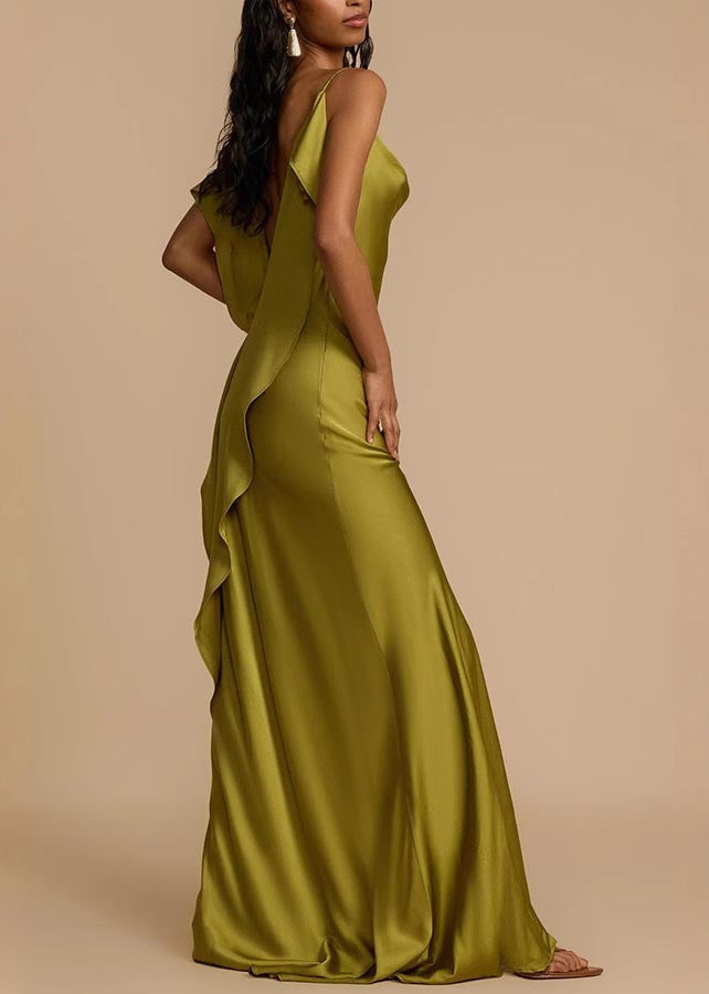 Satin Cowl Neck Spaghetti Strap High Split Bias Cut Maxi Gown