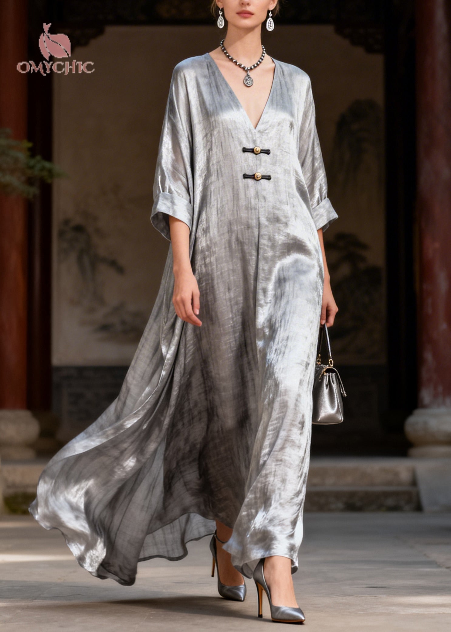 Shimmer Deep V-Neck Toggle Frog Closure Oversized Kaftan Maxi Dress