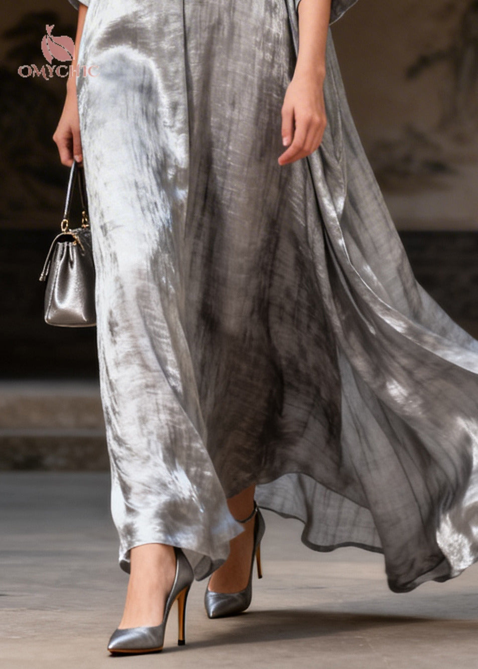 Shimmer Deep V-Neck Toggle Frog Closure Oversized Kaftan Maxi Dress