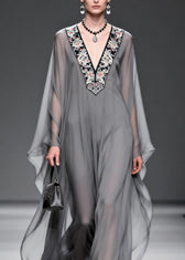 Fashion Grey V Neck Print Patchwork Chiffon Maxi Dresses Spring 2