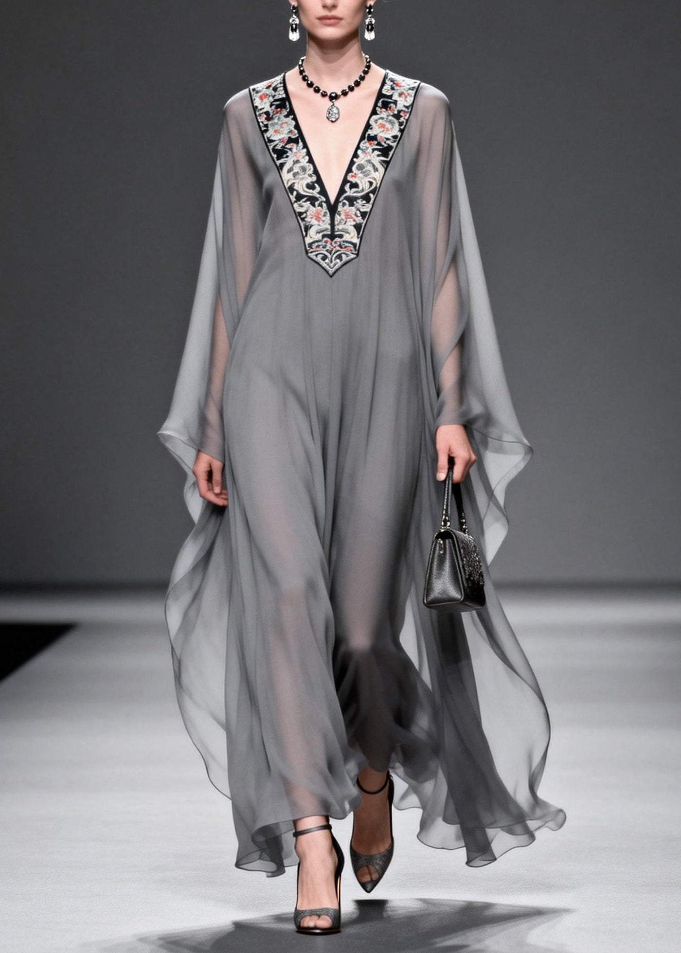 Fashion Grey V Neck Print Patchwork Chiffon Maxi Dresses Spring 3