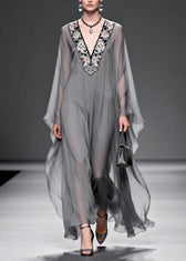 Fashion Grey V Neck Print Patchwork Chiffon Maxi Dresses Spring 3