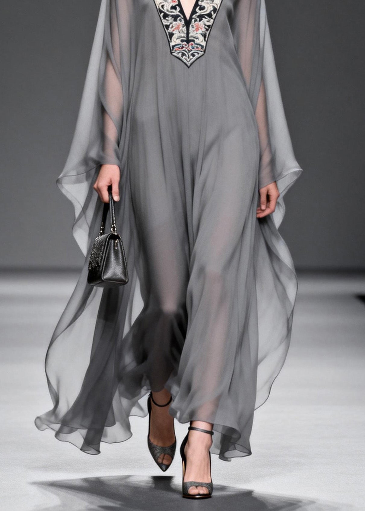 Fashion Grey V Neck Print Patchwork Chiffon Maxi Dresses Spring 4