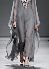 Fashion Grey V Neck Print Patchwork Chiffon Maxi Dresses Spring 4