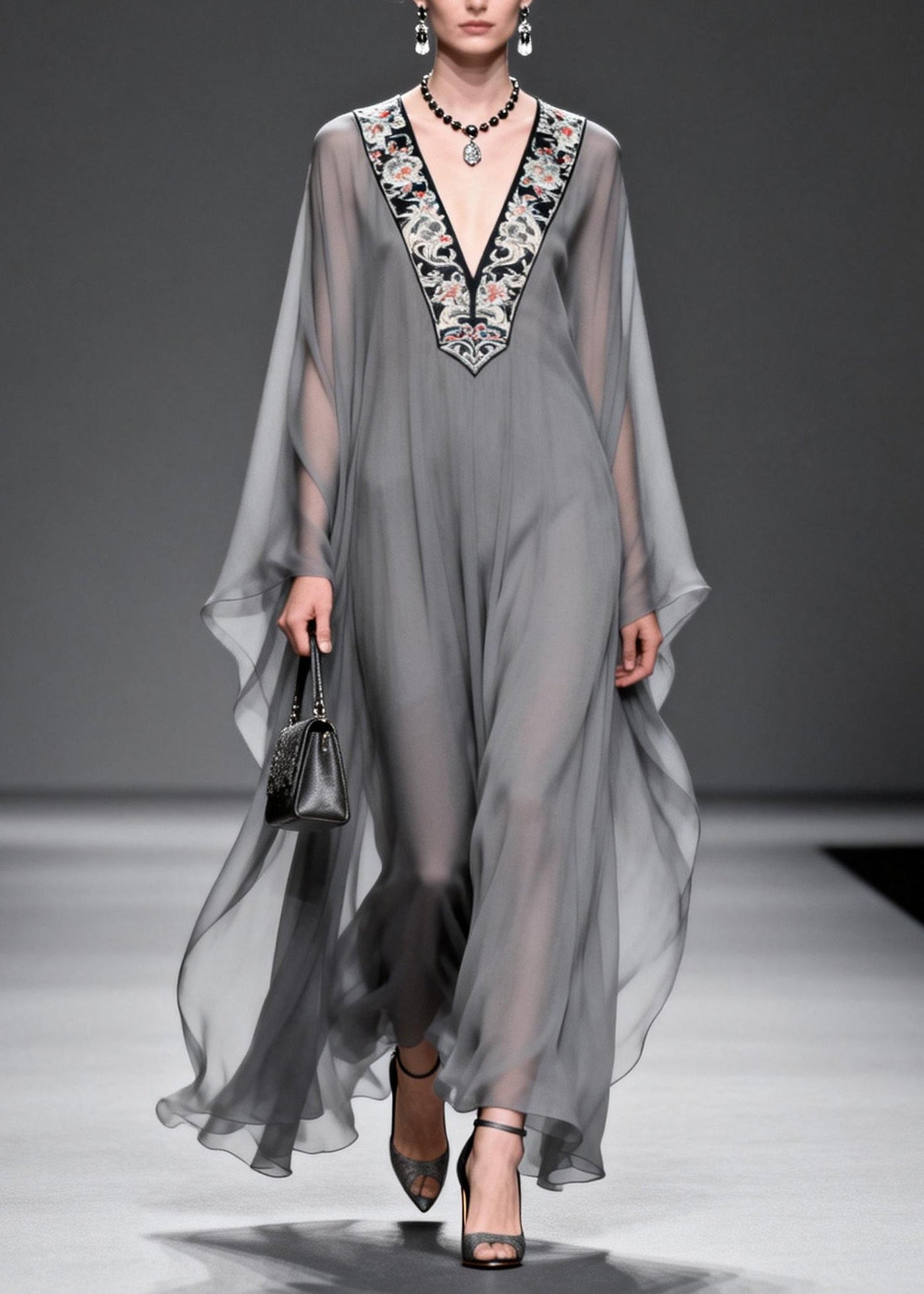 Fashion Grey V Neck Print Patchwork Chiffon Maxi Dresses Spring 5