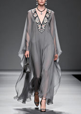 Fashion Grey V Neck Print Patchwork Chiffon Maxi Dresses Spring 5