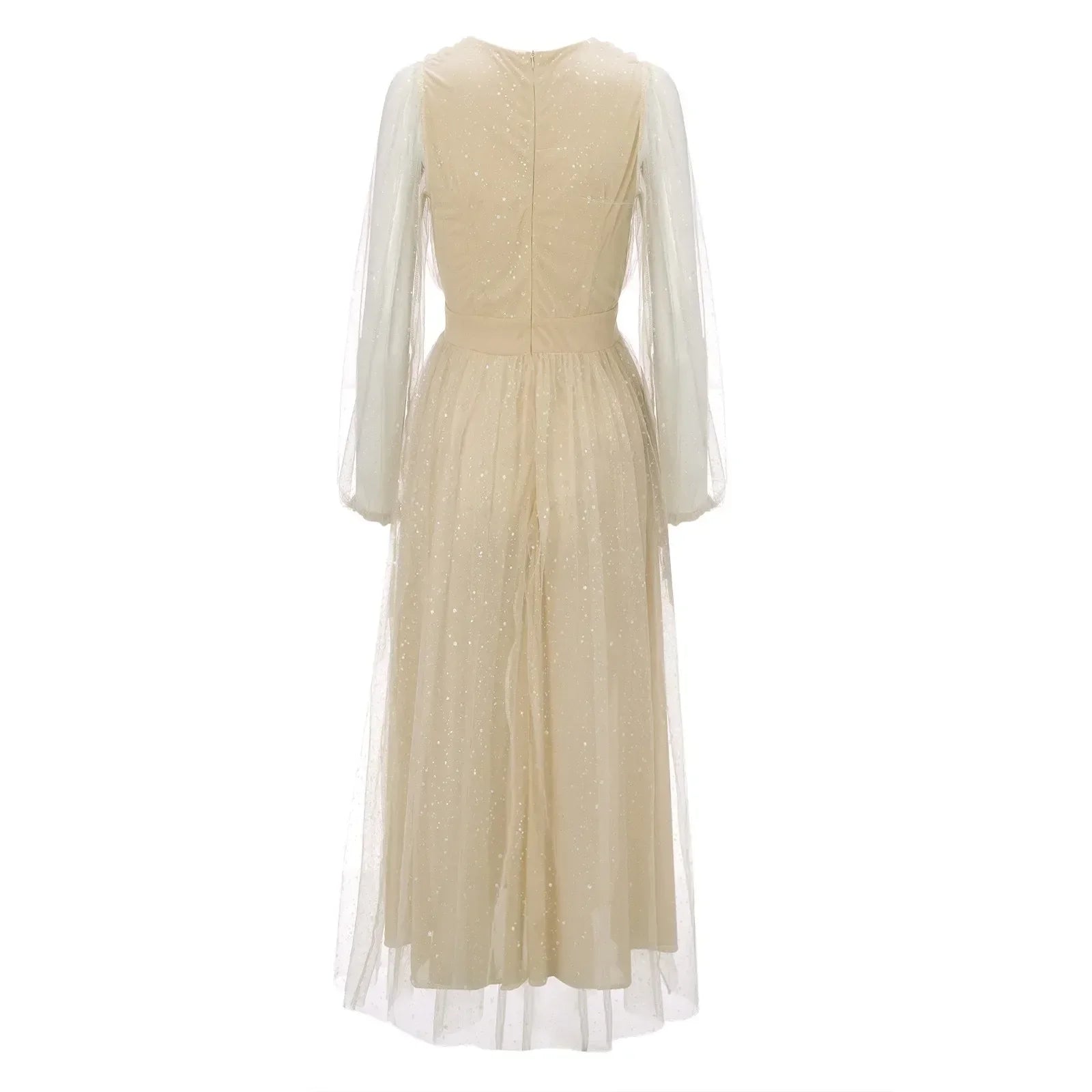 Glitter Tulle Deep V-Neck Bishop Sleeve Wide Waistband A-Line Midi Dress