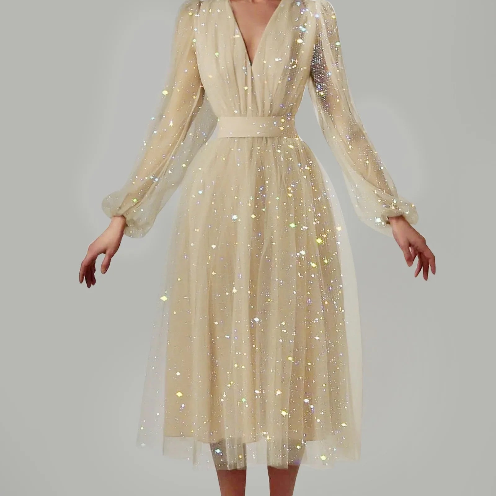 Sparkling Sleeveless Mesh VNeck Lantern Fairy Princess Dress
