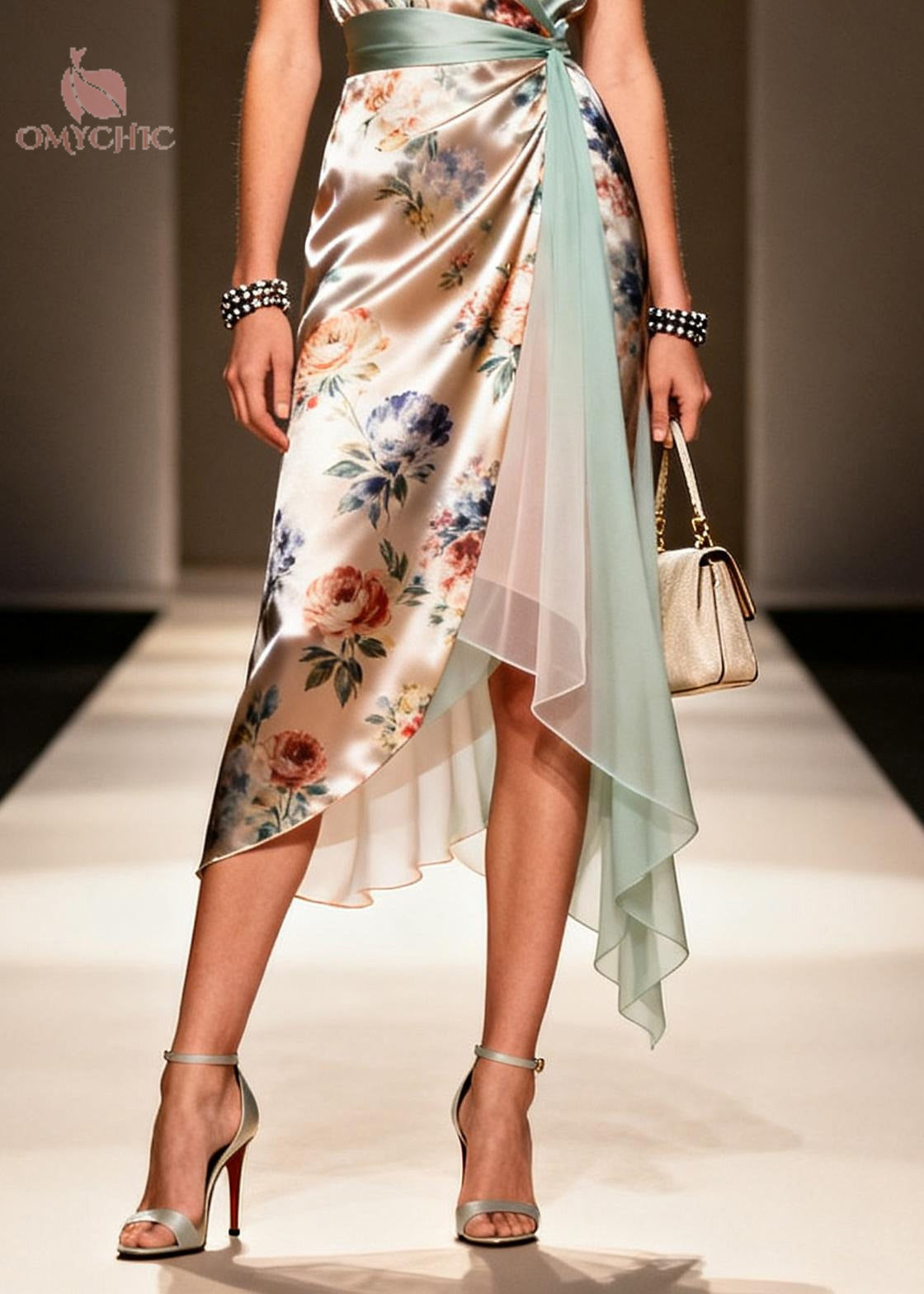 Fashion Khaki Asymmetrical Print Chiffon Maxi Dress Summer - View 4