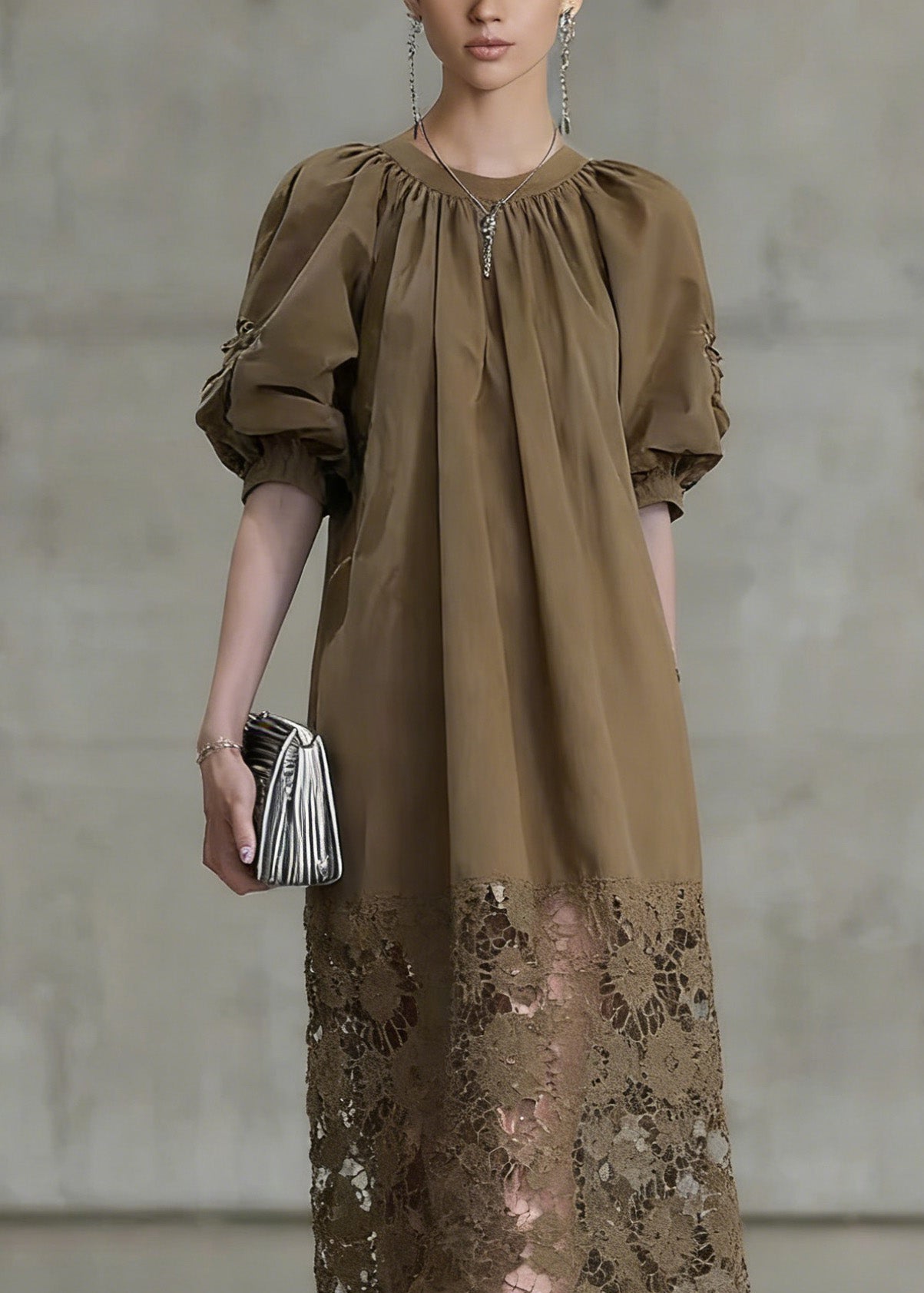 Fashion Light Coffee Puff Sleeve Lace Patchwork Cotton Long Dress 2