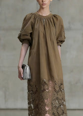 Fashion Light Coffee Puff Sleeve Lace Patchwork Cotton Long Dress 2