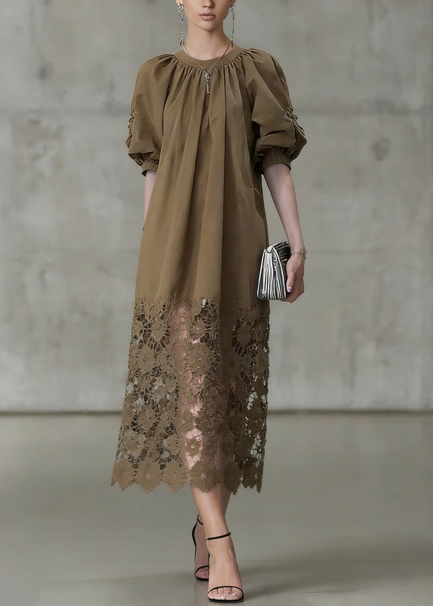 Fashion Light Coffee Puff Sleeve Lace Patchwork Cotton Long Dress 3