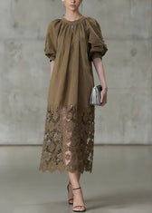 Fashion Light Coffee Puff Sleeve Lace Patchwork Cotton Long Dress 3