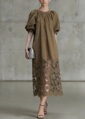 Fashion Light Coffee Puff Sleeve Lace Patchwork Cotton Long Dress 5