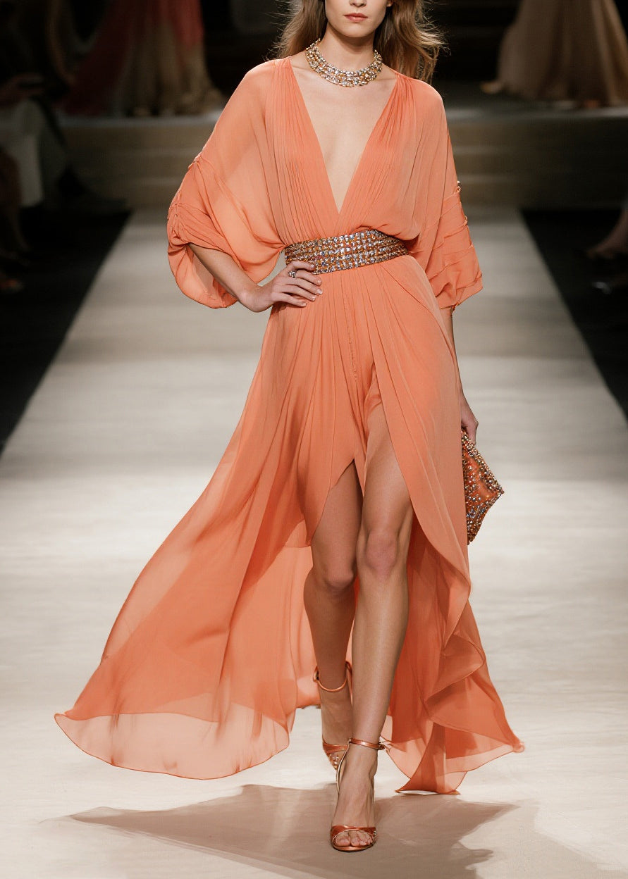 Fashion Orange Exra Large Hem Side Open Tulle Maxi Dress Summer 3