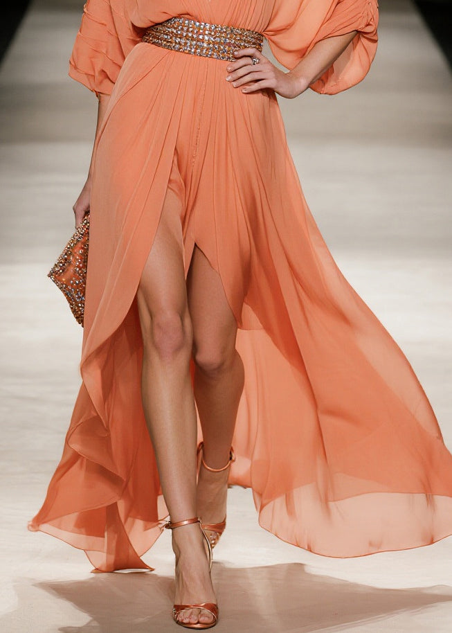 Fashion Orange Exra Large Hem Side Open Tulle Maxi Dress Summer 4