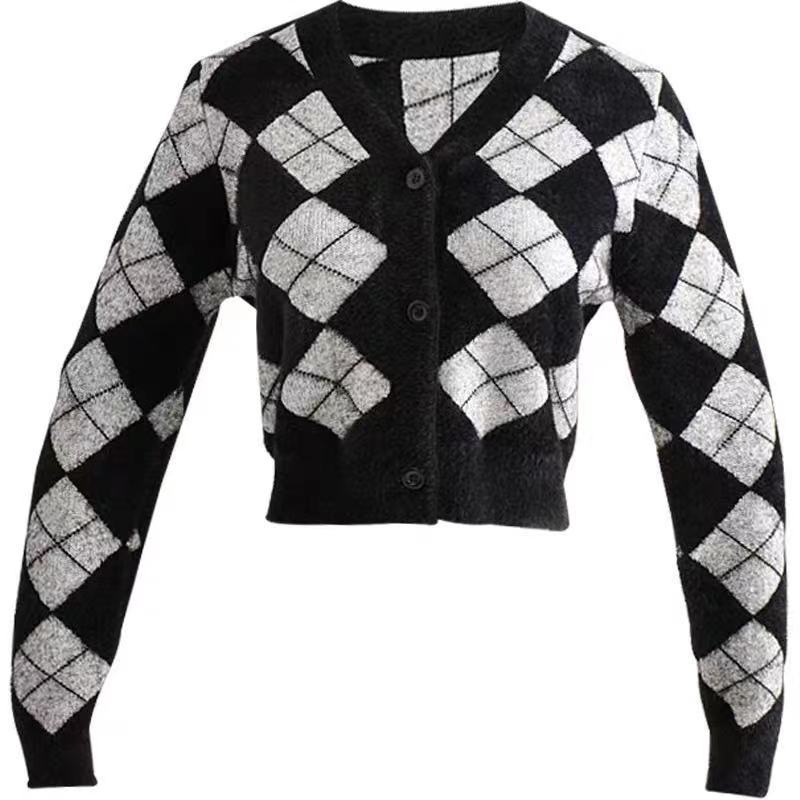 Plaid Black White Knitted Cardigan