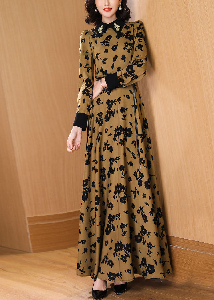 Floral Print Embellished Contrast Collar Long Sleeve A-Line Maxi Dress