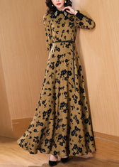 Fashion Peter Pan Collar Print High Waist Tie Waist Chiffon Maxi Dresses Fall 2