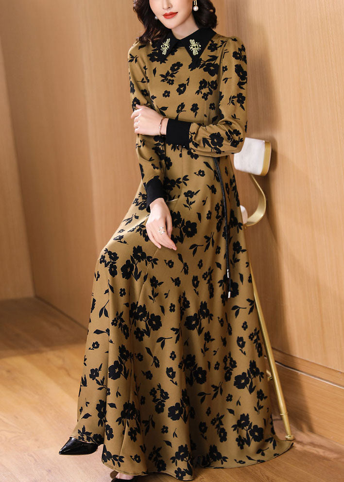 Fashion Peter Pan Collar Print High Waist Tie Waist Chiffon Maxi Dresses Fall 3